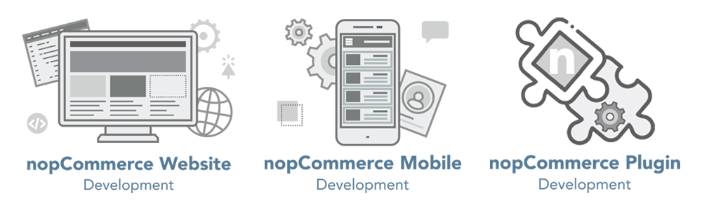 Desktop icon with nopCommerce Website Development, cell icon with nopCommerce Mobile development, and plugin icon with nopCommerce Plugin development text.